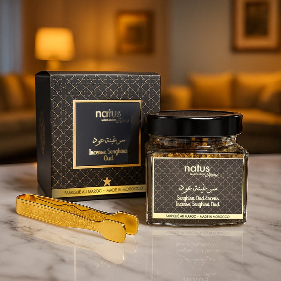 Encens Serghina Oud Natus avec sa boîte et sa pince dorée